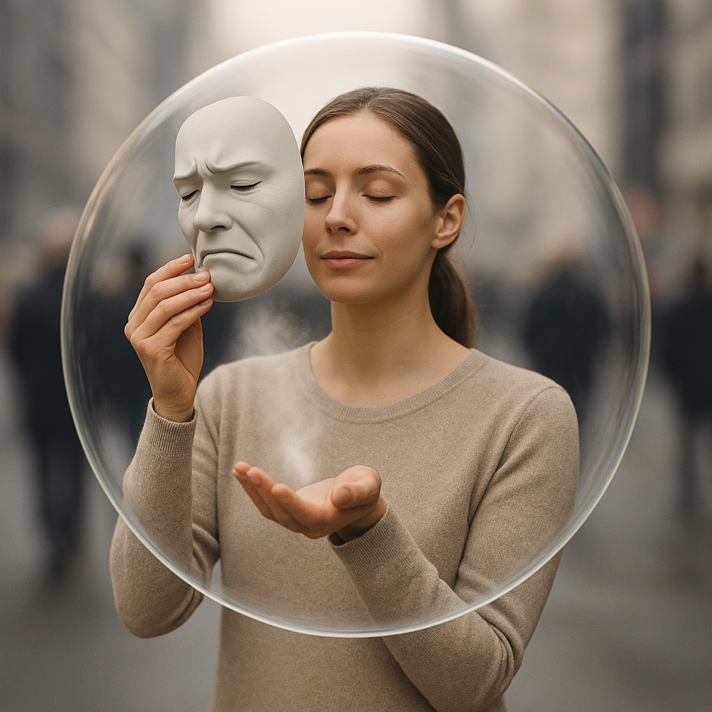 Atelier "Lâchez la pression" – Apprenez à libérer vos tensions émotionnelles et mentales Femme sereine retirant un masque de tristesse, symbolisant le lâcher-prise émotionnel et la libération du stress.