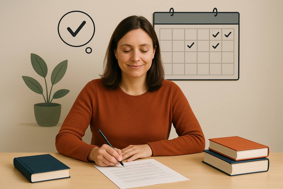 Atelier Sophrologie – Préparer ses examens en toute sérénité | Saint-Avé Jeune femme sereine préparant un examen, concentrée à son bureau, illustrant la gestion du stress par la sophrologie.