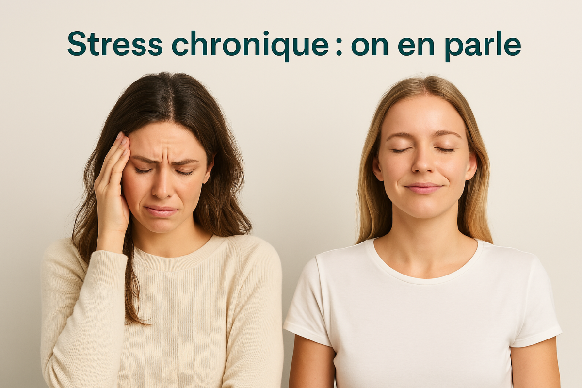 Image représentant une femme stressée et une femme apaisée, illustrant les effets du stress chronique et le bien-être. Stress chronique : on en parle – Conférence bien-être à Saint-Avé